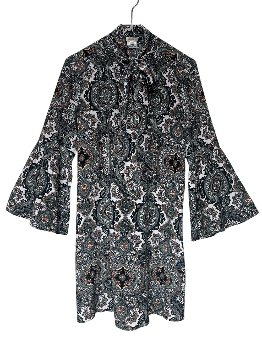 Shoshanna paisley floral silk collared v-neck tie neck bell sleeve mini dress